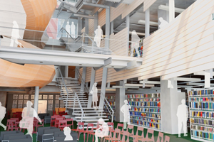 Balconies from every floor look out over a forum designed for gatherings and performances on level one of the new library. Rendering courtesy of Bohlin Cywinski Jackson.