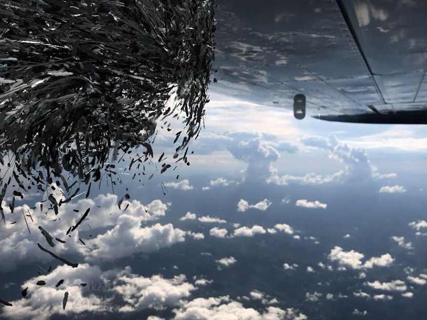 Still image from an airplane flying to Malawi, using the 4th Wall virtual reality app to project the art of Nancy Baker Cahill, Williams Class of 1992, on the image.