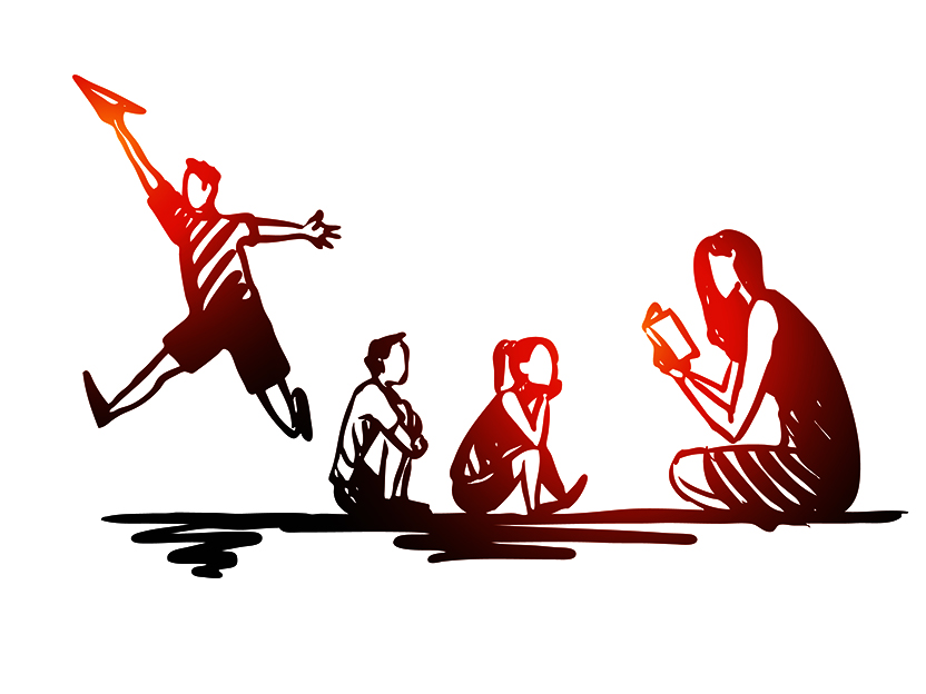 Illustration of a woman reading to two children with a third child up and playing with a paper airplane.