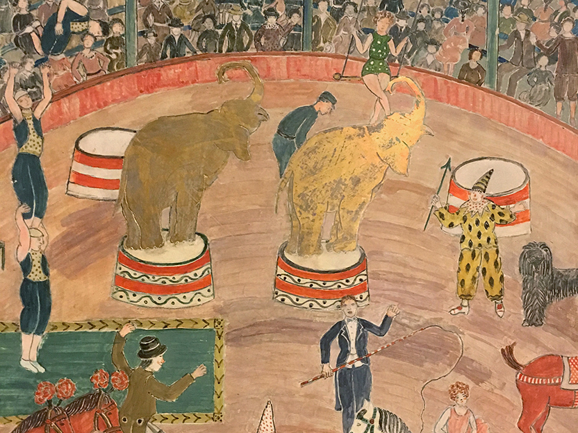 Detail from “Circus,” 1950. Tempera and gold leaf on incised, gessoed masonite. By Charles Prendergast.