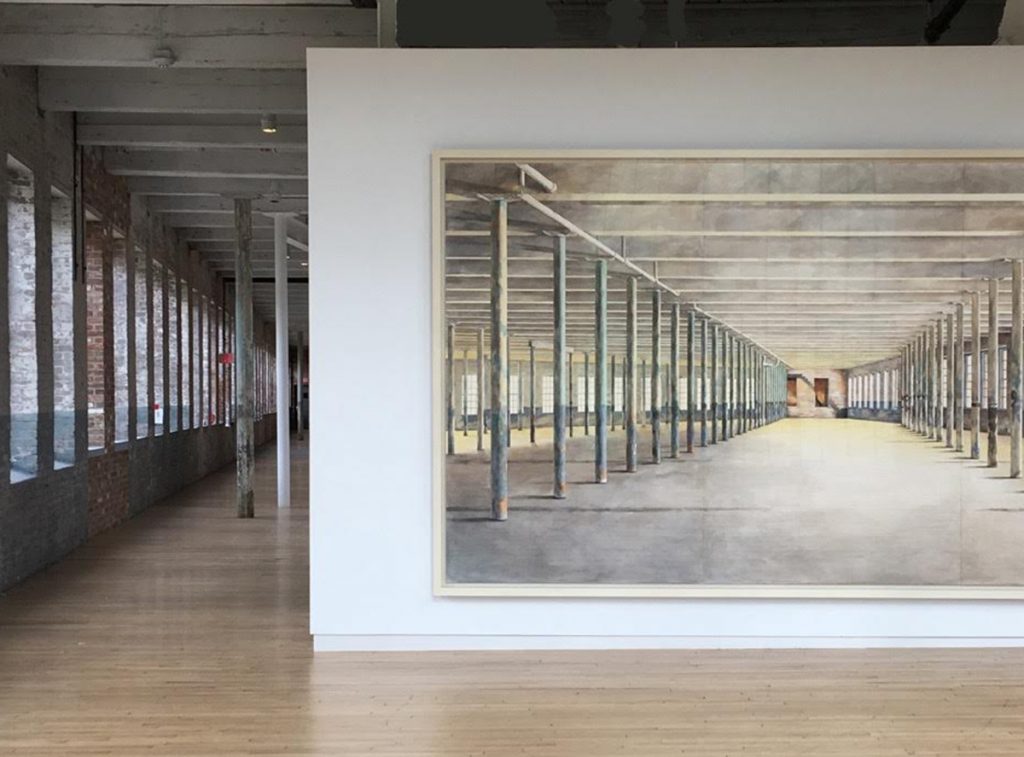 Photograph of a large water color painting of the interior of Building 6, an expansion of the Massachusetts Museum of Contemporary Art, painted by Barbara Ernst Prey, Williams Class of 1979.