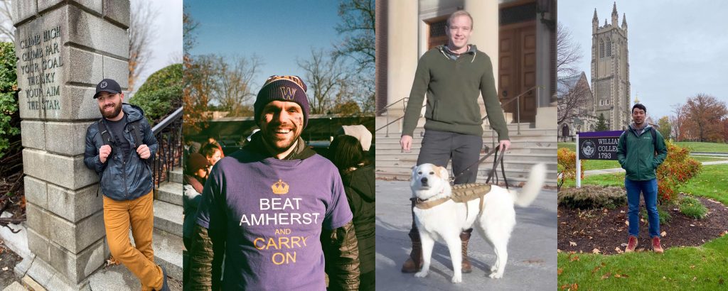 A composite image shows four student veterans posing for photos in different locations on Williams College campus.