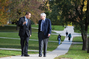 Author and historian Michael Beschloss, Williams Class of 1977, (left) and Williams President Emeritus John Chandler.