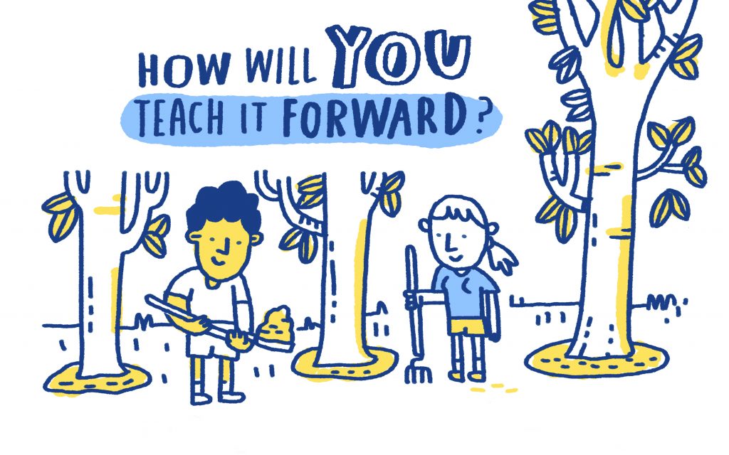 Illustration of two people planting a tree with the words How Will You Teach It Forward written above them.