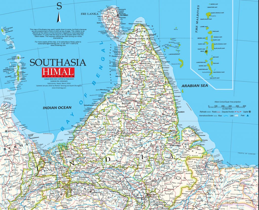 A map of India includes an ad for Southasian Himal magazine.