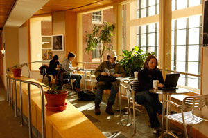 Coffee and quiet study in Schow atrium